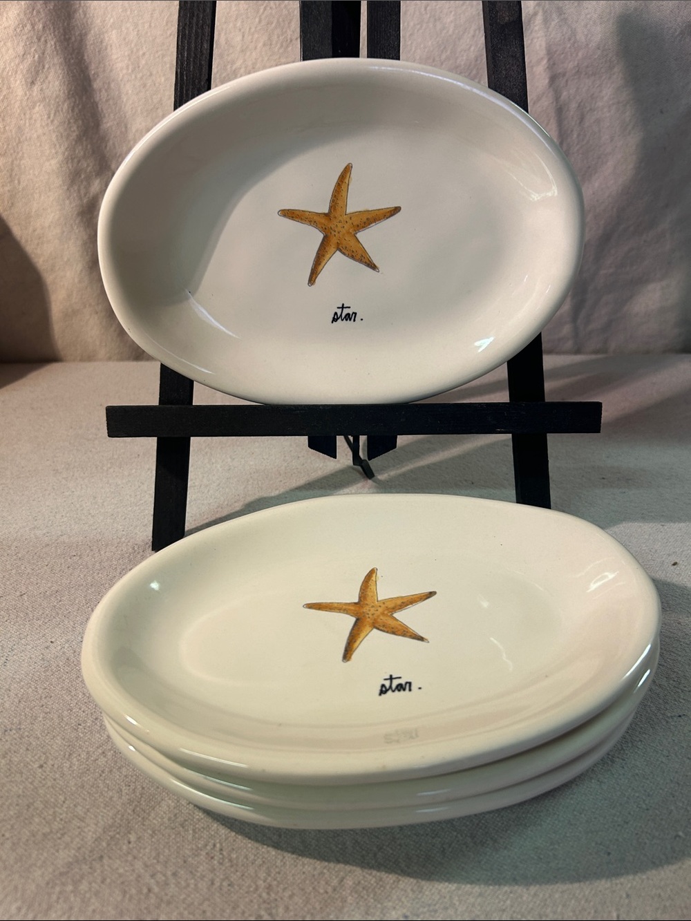 Rae Dunn White Ceramic Starfish Oval Serving Dishes with Gold Accent